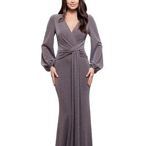 Betsy & Adam Metallic Knotted Gown Taupe/Silver